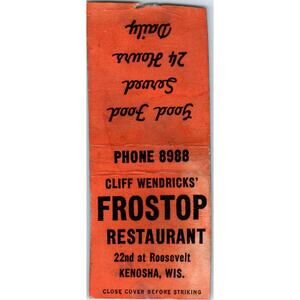 Cliff Wendricks' Frostop Restaurant Kenosha WI Vintage Matchbook Cover SF4-Y1